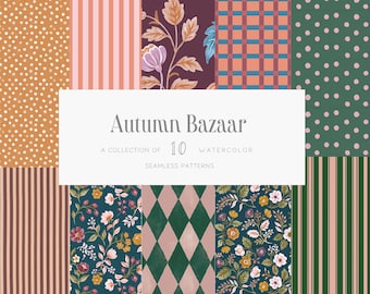 Autumn Seamless Patterns, Watercolor Vintage Fall Whimsical Florals Stripes Polka Dots Digital Paper Commercial Use