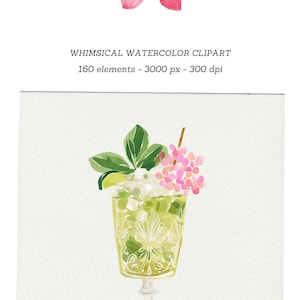 Op de afbeelding: Waterverfillustratie van een cocktail met limoen en roze bloemen, gegarneerd met muntblaadjes. Een roze orchidee staat boven de cocktail. Tekst: "WHIMSICAL WATERCOLOR CLIPART 160 elementen - 3000 px - 300 dpi."