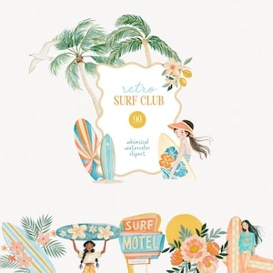 Può includere: Illustrazione ad acquerello con tema surf club retrò. Presenta palme, tavole da surf, un gabbiano e donne con tavole da surf. Il testo include "retro surf club" e "whimsical watercolor clipart".
