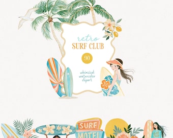 Retro Surf Clipart, Watercolor Beach Whimsical Preppy Surf Club Coastal Summer Graphics, 70s Surfboards PNG