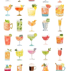 Op de afbeelding: Waterverfillustratie van verschillende cocktails, waaronder martini's, margarita's en highballs. De afbeelding toont een verscheidenheid aan kleurrijke drankjes met garneringen zoals fruitschijfjes, kersen en muntblaadjes. De tekst bovenaan luidt "A Preppy Happy Hour".