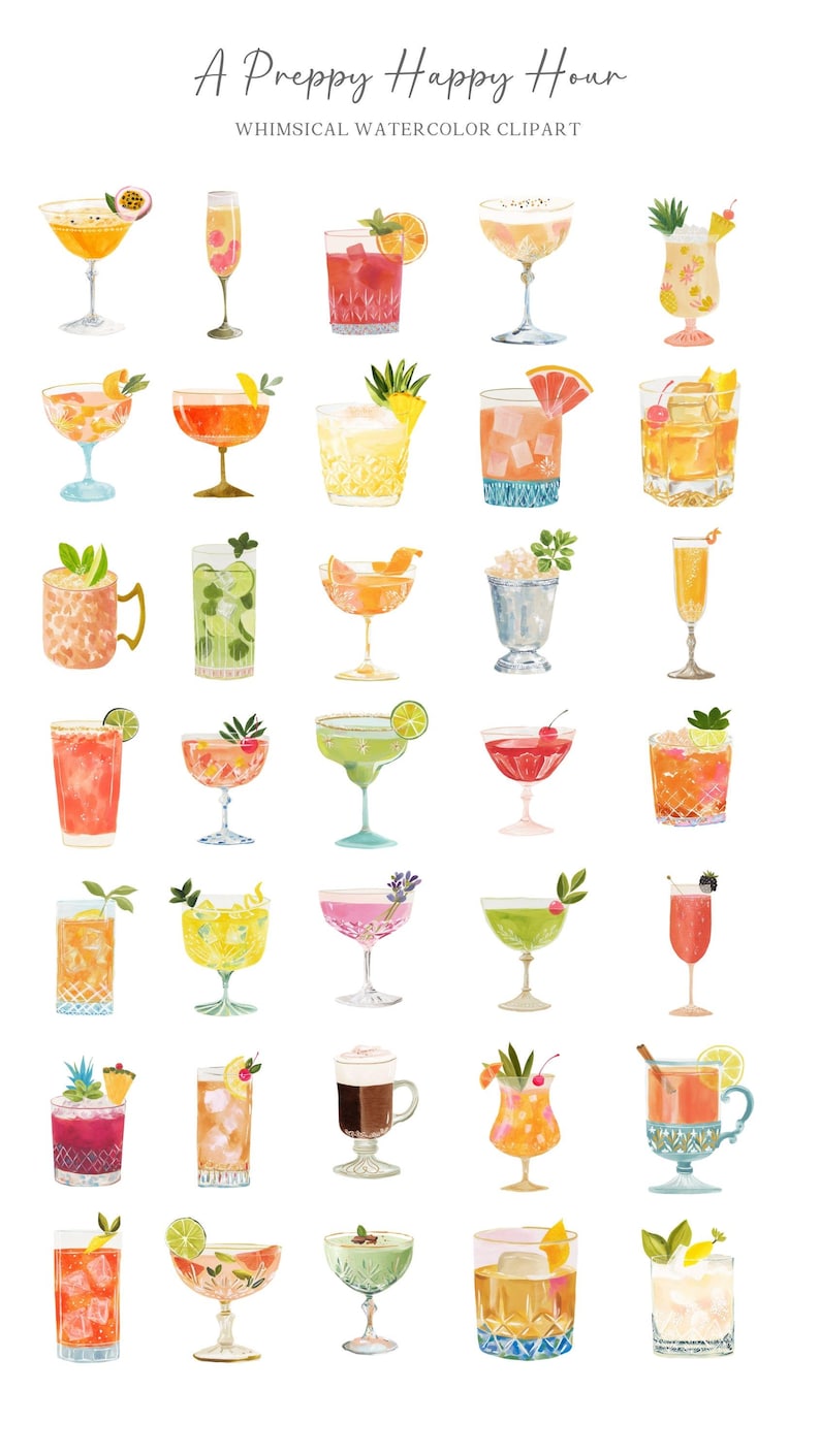 Op de afbeelding: Waterverfillustratie van verschillende cocktails, waaronder martini's, margarita's en highballs. De afbeelding toont een verscheidenheid aan kleurrijke drankjes met garneringen zoals fruitschijfjes, kersen en muntblaadjes. De tekst bovenaan luidt "A Preppy Happy Hour".