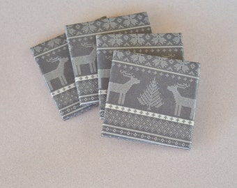 Scandinavian Christmas Coasters Cozy Knit Pattern Rustic Woodland Deer Grey Hostess Gift Scandi Coasters