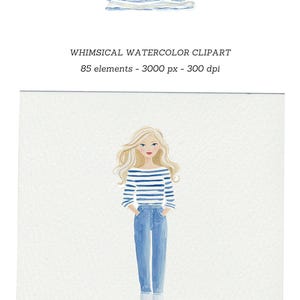 Puede incluir: Ilustraci&oacute;n en acuarela de una mujer con una camisa a rayas y vaqueros. La imagen tambi&eacute;n incluye gafas de sol y el texto "WHIMSICAL WATERCOLOR CLIPART" y "85 elementos - 3000 px - 300 dpi."
