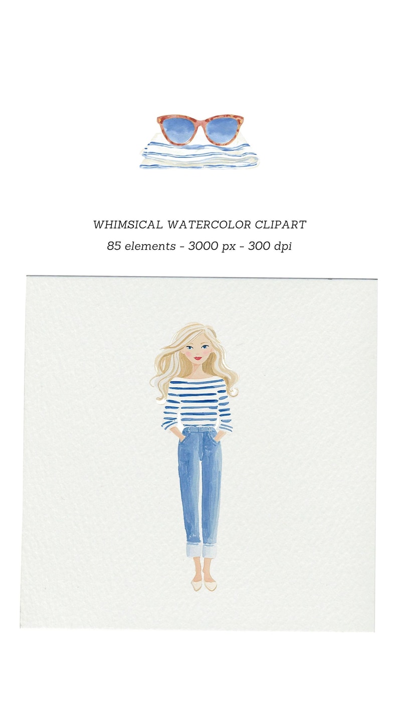 Puede incluir: Ilustraci&oacute;n en acuarela de una mujer con una camisa a rayas y vaqueros. La imagen tambi&eacute;n incluye gafas de sol y el texto "WHIMSICAL WATERCOLOR CLIPART" y "85 elementos - 3000 px - 300 dpi."