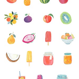 May include: Watercolor clipart featuring various fruits and fruit-based treats. Includes a peach, pineapple, watermelon, apple, kiwi, fig, pear, dragon fruit, popsicles, coconut, jam jars, and a fruit drink. The text "THE FRUIT EDIT WATERCOLOR CLIPART" is at the top.