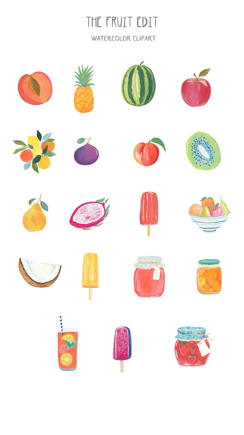 May include: Watercolor clipart featuring various fruits and fruit-based treats. Includes a peach, pineapple, watermelon, apple, kiwi, fig, pear, dragon fruit, popsicles, coconut, jam jars, and a fruit drink. The text "THE FRUIT EDIT WATERCOLOR CLIPART" is at the top.