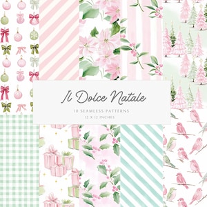 May include: A collection of 10 seamless patterns, each 12 x 12 inches, with a Christmas theme. The patterns feature ornaments, bows, stripes, poinsettias, Christmas trees, birds, gifts, holly, and gingham in shades of pink, green, and white. The text "Il Dolce Natale" is displayed.