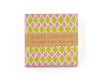 Colorful Diamonds Coasters Geometric Hot Pink Pistachio Green Ceramic Tile Drink Coasters