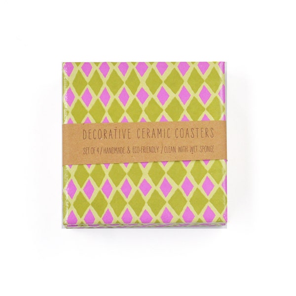 Colorful Diamonds Coasters Geometric Hot Pink Pistachio Green Ceramic Tile Drink Coasters