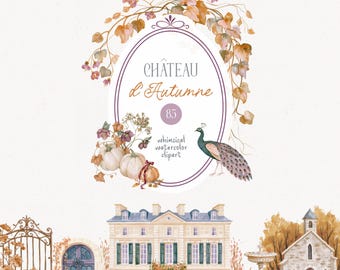 Preppy Vintage Autumn Clipart Watercolor French Country Preppy Fall Harvest Flowers Frames Chateaucore Transparent PNG Commercial License