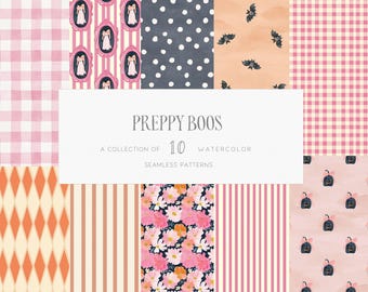 Watercolor Halloween Patterns Preppy Coquette Spooky Digital Papers Pink Gingham Stripes Scrapbook Junk Journal Digital Download