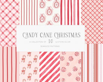 Pink Christmas Seamless Patterns Watercolor Candy Cane Stripes Preppy Holidays Digital Scrapbook Paper Digital Download Commercial License