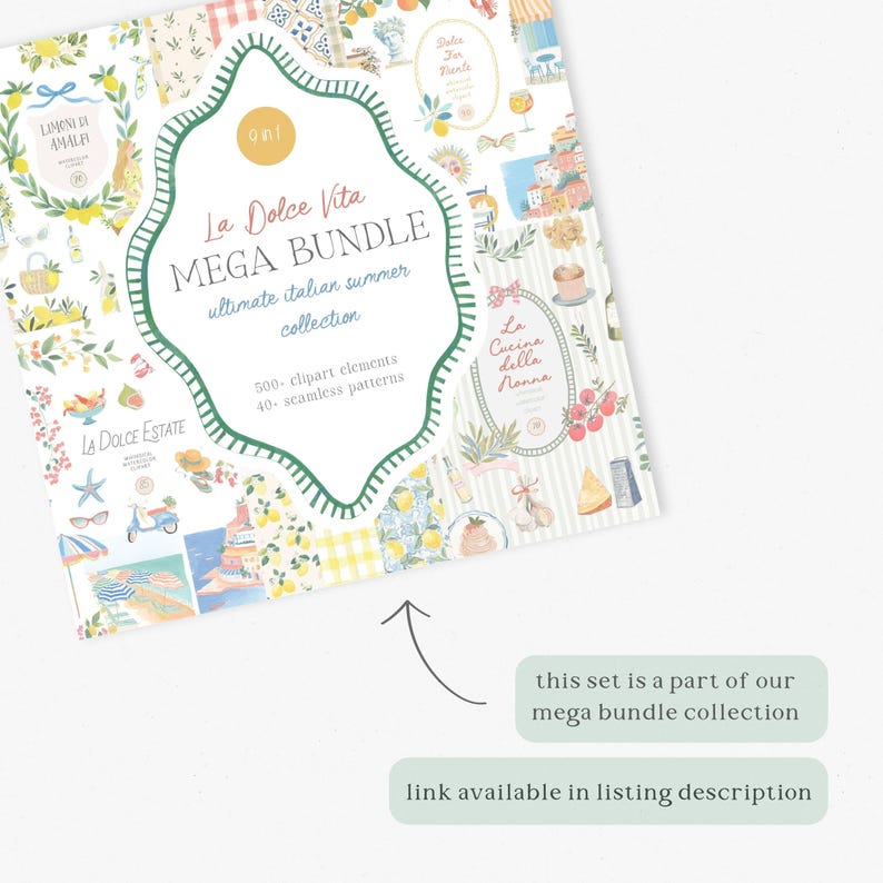 May include: A bundle of Italian-themed digital art elements. The cover features the text "La Dolce Vita MEGA BUNDLE" with illustrations of lemons, coastal scenes, and Italian food. Includes 500 clipart elements and 40 seamless patterns.