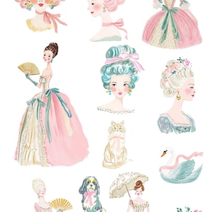 May include: Watercolor illustrations of Rococo-era women in pastel gowns and hairstyles. The image includes portraits, full-body figures, a cat, a dog, a swan, and floral arrangements. Text at the top reads "MADEMOISELLE" and "whimsical rococo clipart."