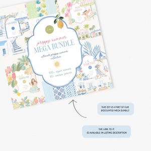Puede incluir: Un mega paquete de verano preppy con ilustraciones en acuarela. El dise&ntilde;o presenta escenas de playa, incluyendo Santorini, Palm Springs y los Hamptons. El paquete incluye m&aacute;s de 400 elementos de clipart y m&aacute;s de 40 patrones sin costuras. El texto dice "preppy summer MEGA BUNDLE".