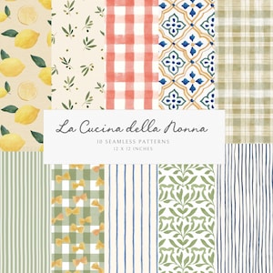 Könnte beinhalten: Zehn nahtlose Muster, jeweils 30,5 x 30,5 cm, mit Aquarelldesigns. Die Muster umfassen Zitronen, Olivenzweige, Vichy-Karo, florale Fliesen, Karomuster, Streifen und Schleifen. Der Text "La Cucina della Nonna" wird angezeigt.