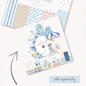 Puede incluir: Una colecci&oacute;n de patrones sin costuras en acuarela titulada "In the Hampttons". Los patrones presentan dise&ntilde;os azules y blancos, incluyendo rayas, cuadros y estampados florales. La imagen tambi&eacute;n incluye im&aacute;genes predise&ntilde;adas de acuarela con escenas de playa.