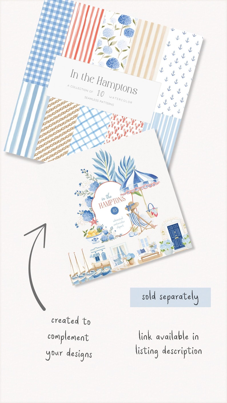 Puede incluir: Una colecci&oacute;n de patrones sin costuras en acuarela titulada "In the Hampttons". Los patrones presentan dise&ntilde;os azules y blancos, incluyendo rayas, cuadros y estampados florales. La imagen tambi&eacute;n incluye im&aacute;genes predise&ntilde;adas de acuarela con escenas de playa.