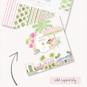 Pu&ograve; includere: Una collezione di motivi senza cuciture ad acquerello intitolata "Palm Springs". I motivi presentano disegni rosa, verdi e bianchi, tra cui palme, strisce e motivi floreali. L'immagine include anche un'illustrazione ad acquerello di un motel e una donna sotto un ombrellone.