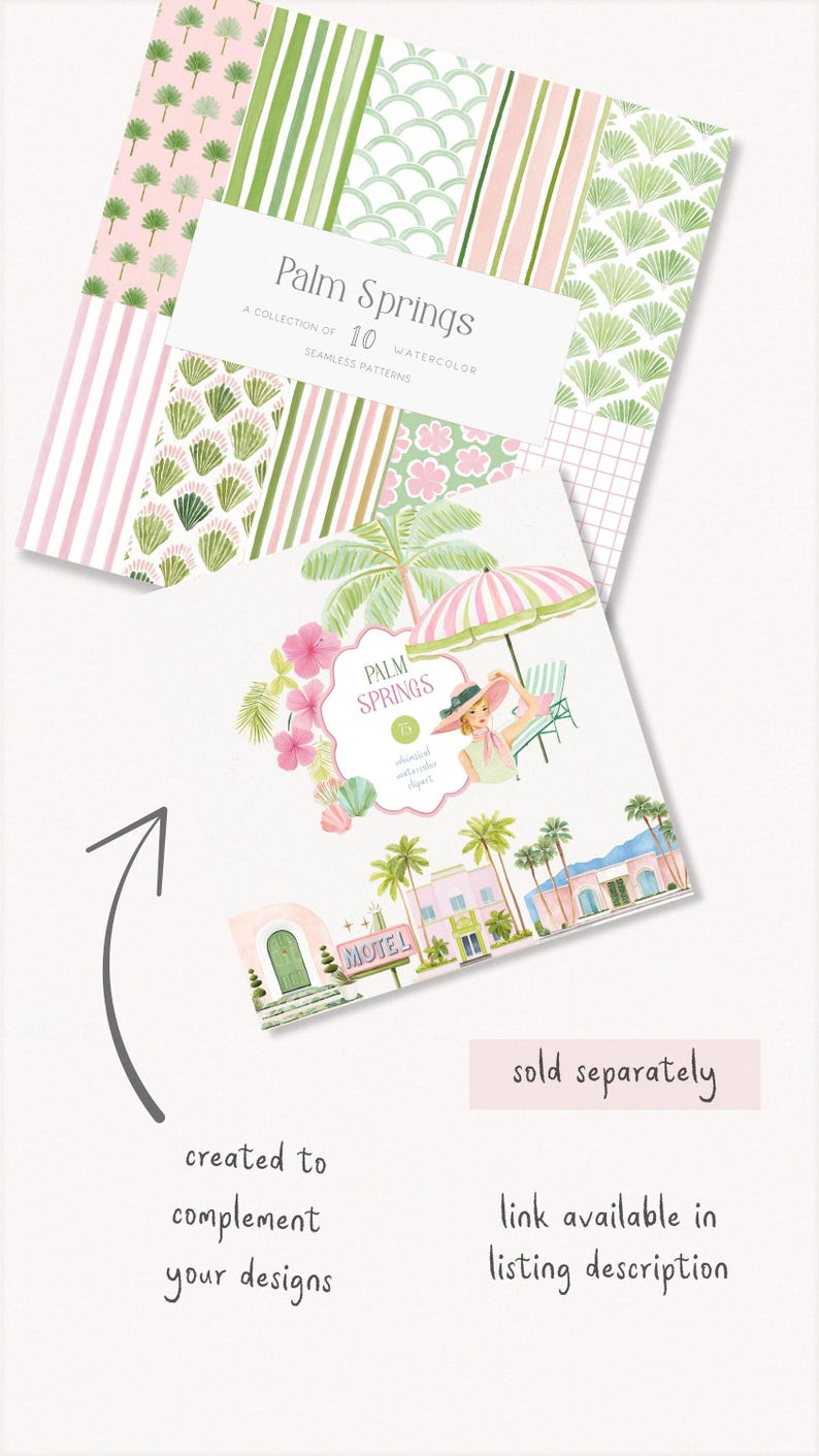 Pu&ograve; includere: Una collezione di motivi senza cuciture ad acquerello intitolata "Palm Springs". I motivi presentano disegni rosa, verdi e bianchi, tra cui palme, strisce e motivi floreali. L'immagine include anche un'illustrazione ad acquerello di un motel e una donna sotto un ombrellone.