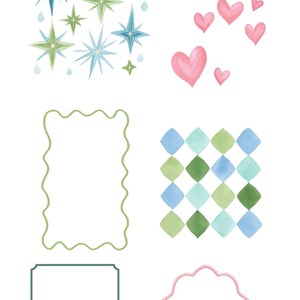 Pu&ograve; includere: Clipart ad acquerello con vari elementi. Include esplosioni di stelle blu e verdi, cuori rosa e cornici decorative verdi e rosa. Inoltre, un motivo di diamanti blu e verdi. Il testo "Palm Springs" e "Whimsical Watercolor Clipart" &egrave; in alto.
