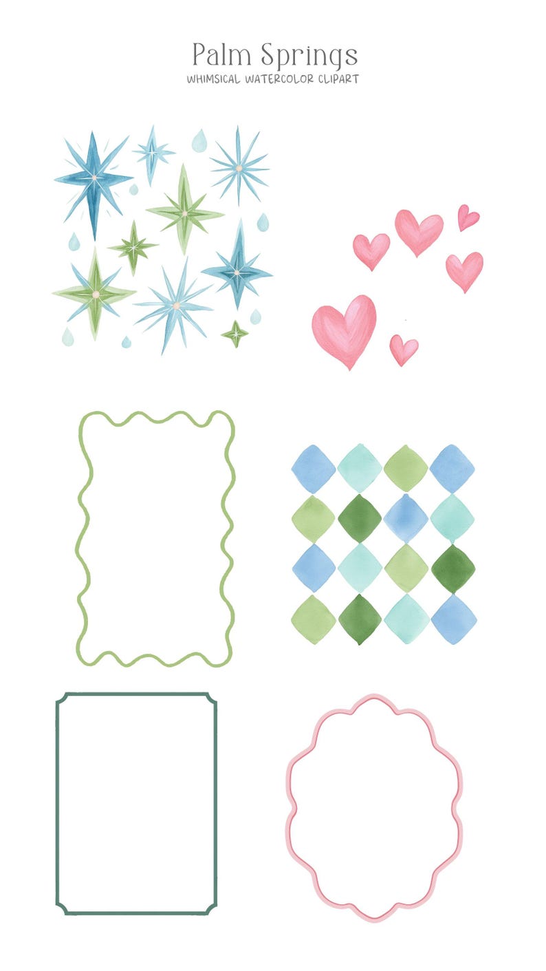 Pu&ograve; includere: Clipart ad acquerello con vari elementi. Include esplosioni di stelle blu e verdi, cuori rosa e cornici decorative verdi e rosa. Inoltre, un motivo di diamanti blu e verdi. Il testo "Palm Springs" e "Whimsical Watercolor Clipart" &egrave; in alto.