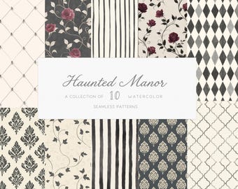 Watercolor Gothic Patterns Preppy Vintage Victorian Spooky Halloween Digital Papers Black Beige Scrapbook Junk Journal Digital Download