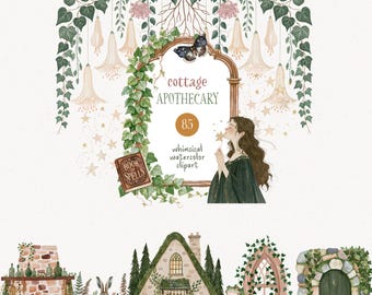 Dark Cottagecore Clipart, Watercolor Witchy Apothecary Goblincore Woodland Mushroom Moth Botanicals Vintage Ephemera PNG