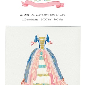 May include: Watercolor illustration featuring a blue and pink Rococo dress with lace trim. The image includes a seashell and ribbon design, with the text "WHIMSICAL WATERCOLOR CLIPART".