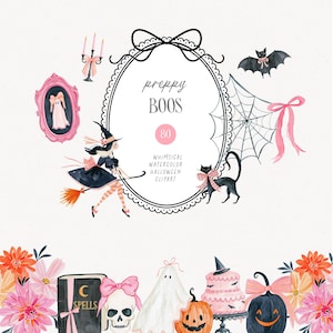 Imágenes prediseñadas de Halloween estilo preppy, acuarela, lindas, rosas, vintage, bruja, coqueta, gráficos para fiestas de Halloween, lazos de calabaza de Halloween, uso comercial