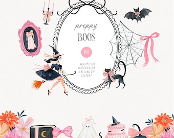 Preppy Halloween Clipart Watercolor Cute Pink Vintage Witchy Coquette Halloween Party Graphics Jack o Lantern  Bows Commercial Use