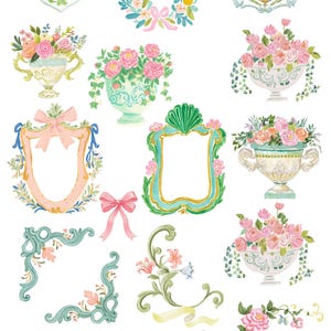 May include: Watercolor clipart featuring floral designs, frames, bows, and decorative elements. The designs include pink roses, wreaths, and ornate frames with gold accents. Text at the top reads "MADEMOISELLE" and "whimsical rococo clipart".