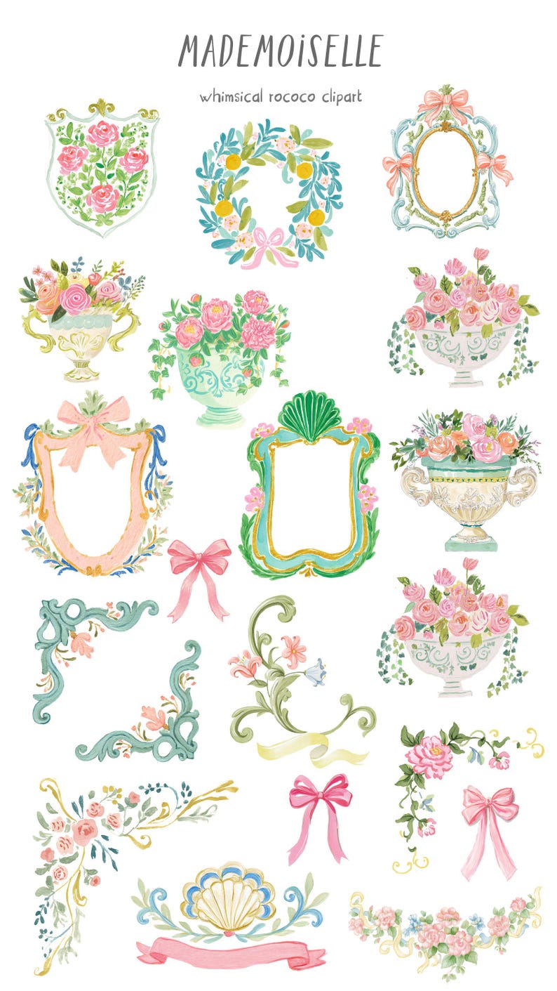May include: Watercolor clipart featuring floral designs, frames, bows, and decorative elements. The designs include pink roses, wreaths, and ornate frames with gold accents. Text at the top reads "MADEMOISELLE" and "whimsical rococo clipart".