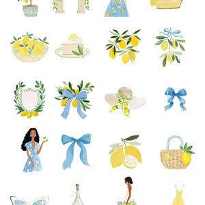May include: Watercolor clipart featuring various lemon-themed illustrations. Includes a lemon tree, archway, women in dresses, lemon slices, bows, a hat, sunglasses, a wine bottle, a basket, and a yellow dress. The text "LIMONI DI AMALFI WATERCOLOR CLIPART" is at the top.