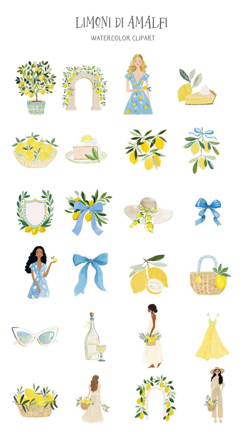May include: Watercolor clipart featuring various lemon-themed illustrations. Includes a lemon tree, archway, women in dresses, lemon slices, bows, a hat, sunglasses, a wine bottle, a basket, and a yellow dress. The text "LIMONI DI AMALFI WATERCOLOR CLIPART" is at the top.
