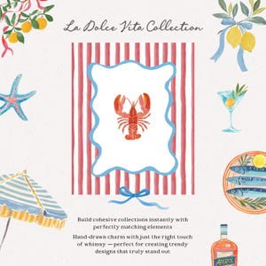 May include: Watercolor illustration with a lobster, lemons, and a striped background. The text "La Dolce Vita Collection" is at the top. Other elements include a cocktail, fish, and an Aperol bottle. The image has a whimsical, hand-drawn style.