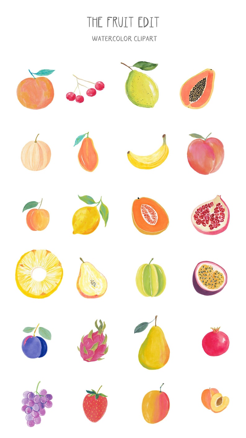 May include: Watercolor clipart featuring a variety of fruits, including peaches, cherries, pears, papaya, bananas, and plums. The image also includes a pineapple, a dragon fruit, a strawberry, and a pomegranate. The text "THE FRUIT EDIT WATERCOLOR CLIPART" is at the top.