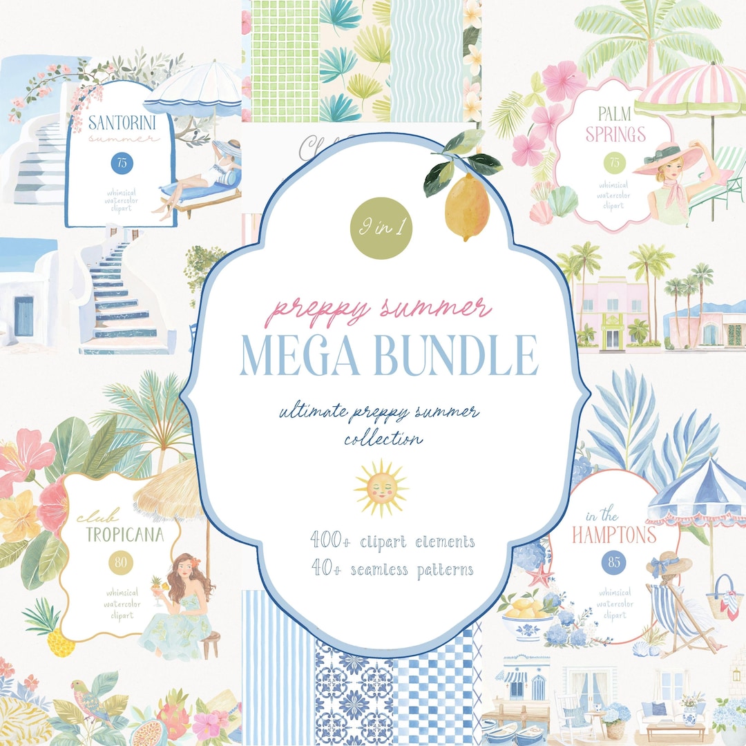 Summer Clipart Bundle Preppy Whimsical Watercolor Doodle Style Graphics ...