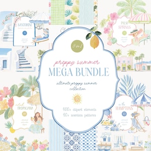 Op de afbeelding: Een digitale kunstbundel met een preppy zomerthema. Het centrale ontwerp toont de tekst "preppy summer MEGA BUNDLE" met illustraties van strandscènes, palmbomen en citroenen. Bevat 400+ clipart elementen en 40+ naadloze patronen.