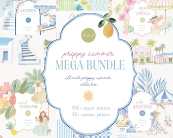 Summer Clipart Bundle Preppy Whimsical Watercolor Doodle Style Graphics PNG Commercial Use