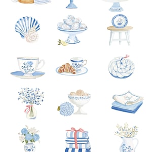 Puede incluir: Clipart de acuarela con varios elementos costeros y culinarios. Incluye un pastel, ostras, conchas marinas, tazas de t&eacute;, cruasanes, flores, toallas y una silla, todo en una combinaci&oacute;n de colores azul y blanco. El texto dice "In the Hamptons".