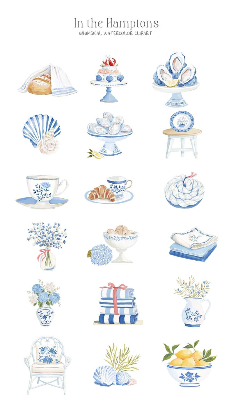 Puede incluir: Clipart de acuarela con varios elementos costeros y culinarios. Incluye un pastel, ostras, conchas marinas, tazas de t&eacute;, cruasanes, flores, toallas y una silla, todo en una combinaci&oacute;n de colores azul y blanco. El texto dice "In the Hamptons".
