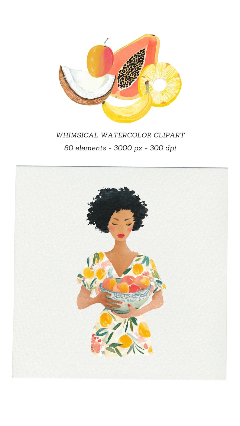 Fruit Clipart Watercolor Whimsical Pastel Summer Tropical Fruits Graphics PNG Commercial Use image 10