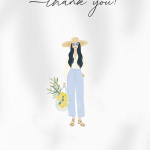 May include: A white thank you card featuring an illustration of a person with long dark hair wearing a straw hat, sunglasses, a cream shirt, and light blue trousers. The person holds a mesh bag containing yellow lemons and green leaves.