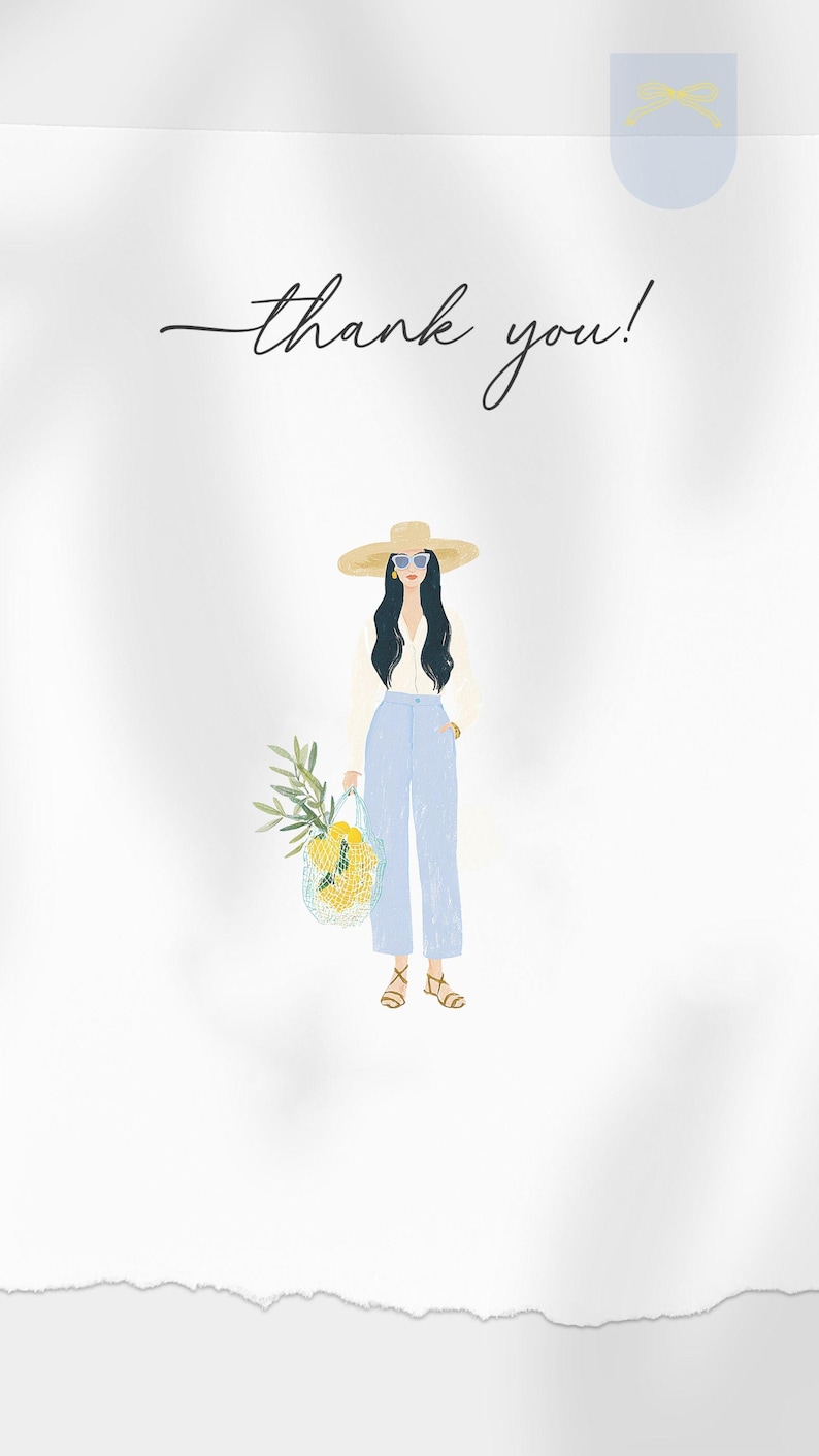 May include: A white thank you card featuring an illustration of a person with long dark hair wearing a straw hat, sunglasses, a cream shirt, and light blue trousers. The person holds a mesh bag containing yellow lemons and green leaves.