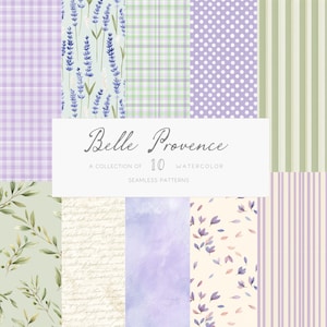 May include: A collection of ten watercolor seamless patterns in a variety of designs. The patterns include lavender sprigs, plaid, polka dots, stripes, and floral elements in shades of purple, green, and cream. The text "Belle Provence" is displayed.