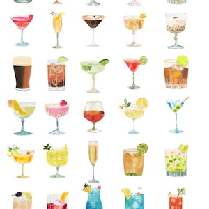 Op de afbeelding: Waterverfillustratie van verschillende cocktails, waaronder martini's en highballs. De afbeelding bevat de tekst "A Preppy Happy Hour" en "Whimsical Watercolor Clipart". De drankjes zitten in verschillende glazen en zijn gegarneerd met fruit en kruiden.
