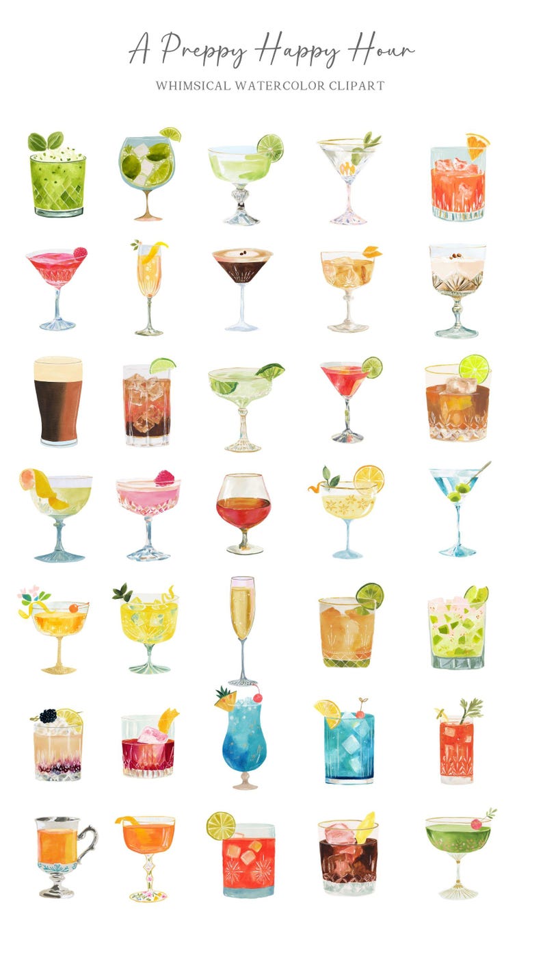 Op de afbeelding: Waterverfillustratie van verschillende cocktails, waaronder martini's en highballs. De afbeelding bevat de tekst "A Preppy Happy Hour" en "Whimsical Watercolor Clipart". De drankjes zitten in verschillende glazen en zijn gegarneerd met fruit en kruiden.