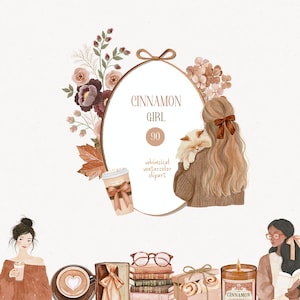 Op de afbeelding: Een digitale aquarelillustratieset met een meisje met lang haar dat een kat vasthoudt, een koffiekopje, boeken, een bril, een kaars en kaneelbroodjes. Het centrale ovale frame bevat de tekst CINNAMON GIRL 90 whimsical watercolor clipart.